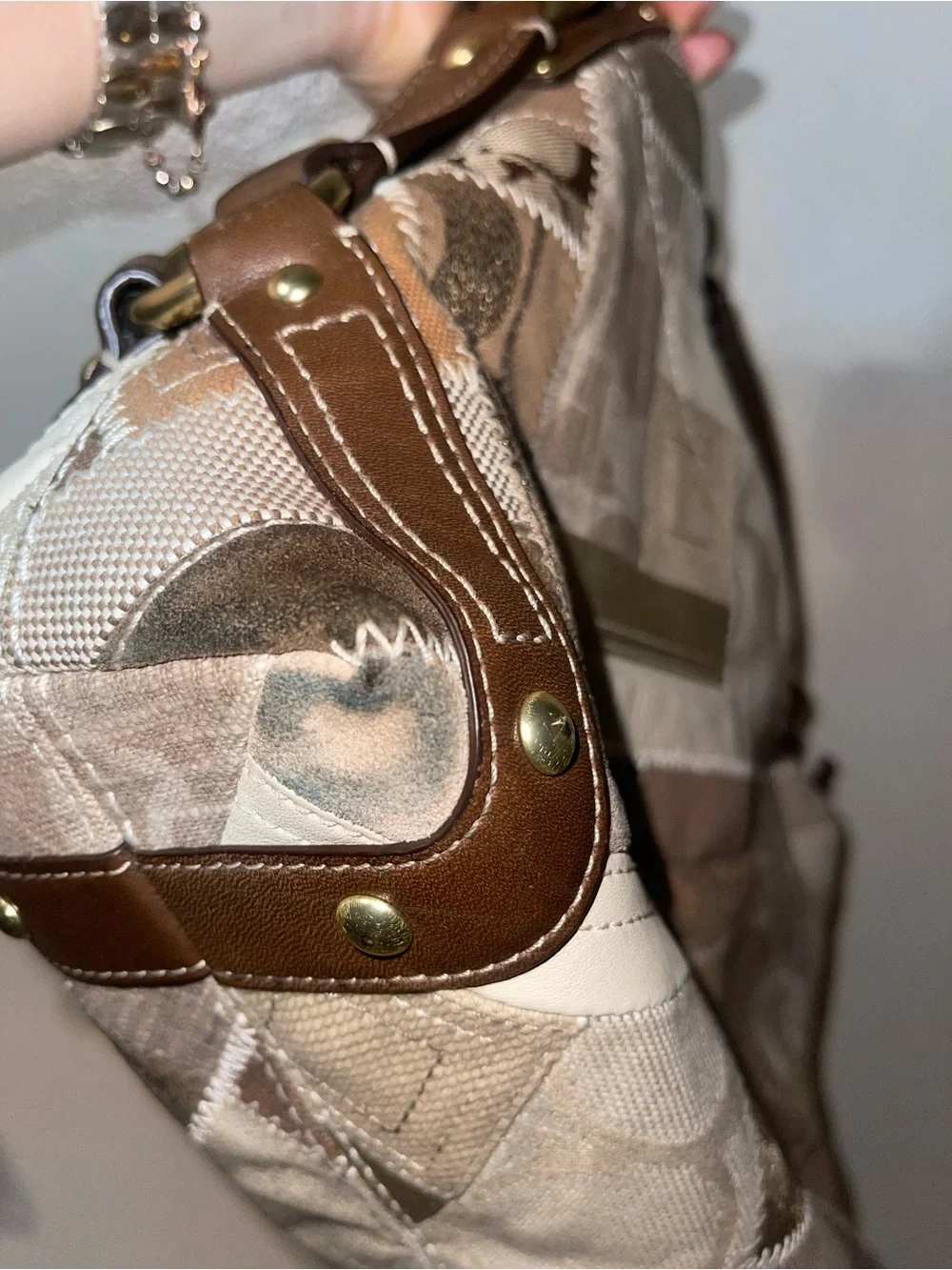 Coach Patchwork Shoulder Bag in Brown, Cream and Metallic